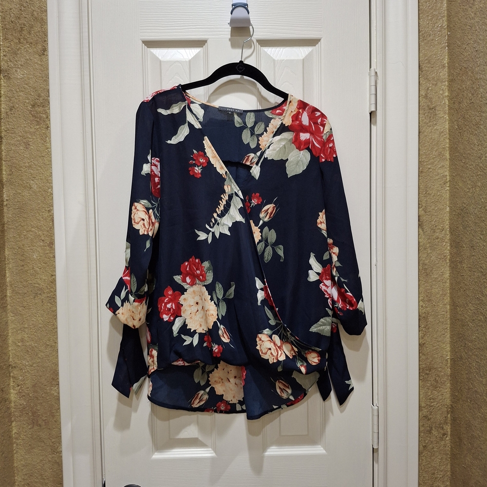 West Kei Navy Floral Blouse with Red and Cream Accents